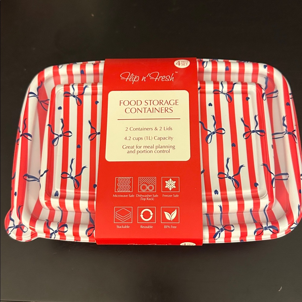 Striped Red & White Food Storage Containers with Navy Bow Print (Set of 4)